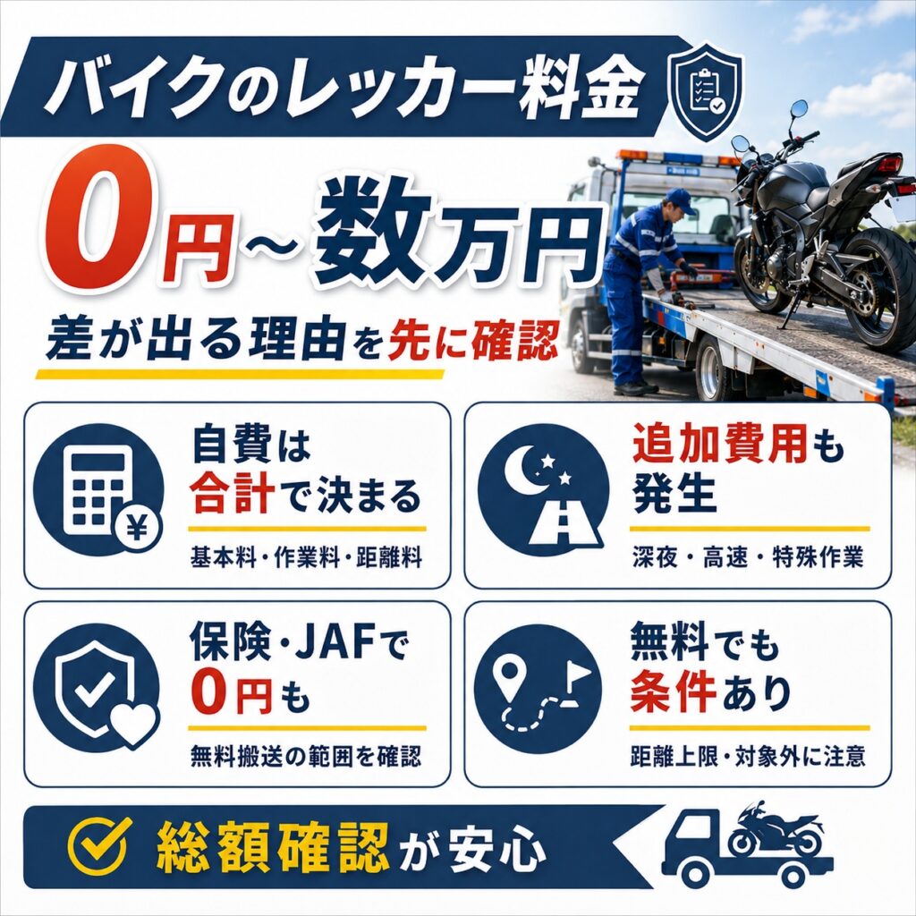 バイクのレッカー料金は0円から数万円まで差が出る