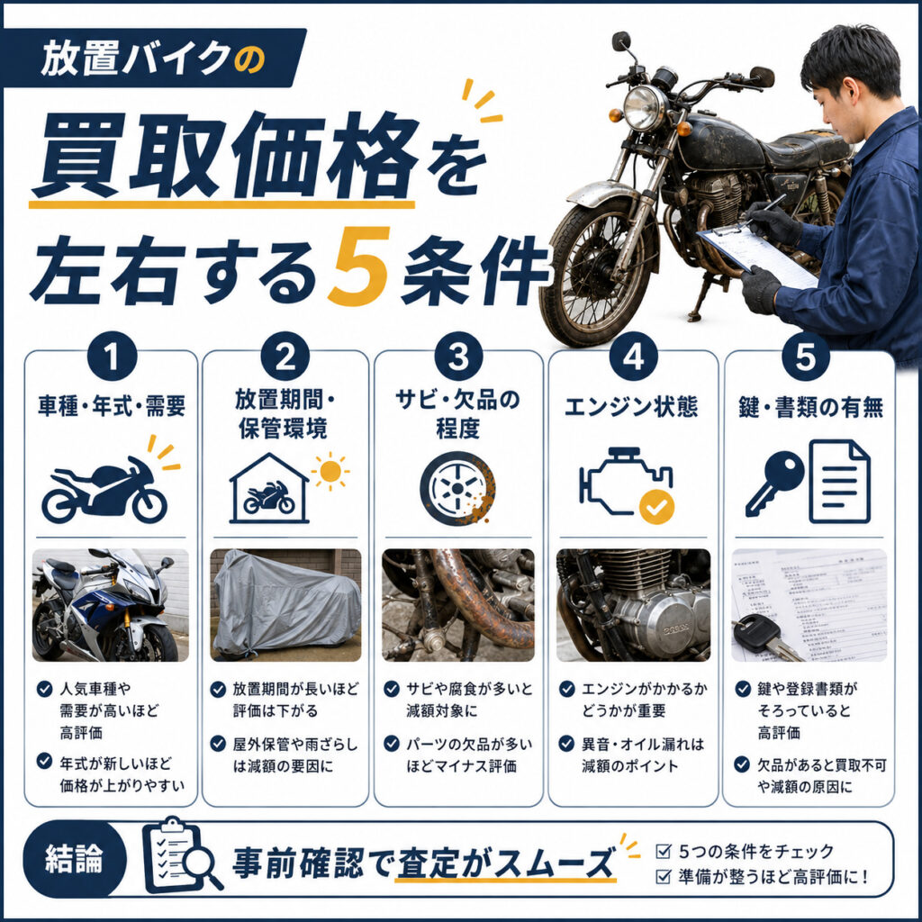 放置バイクの買取価格を左右する5つの条件