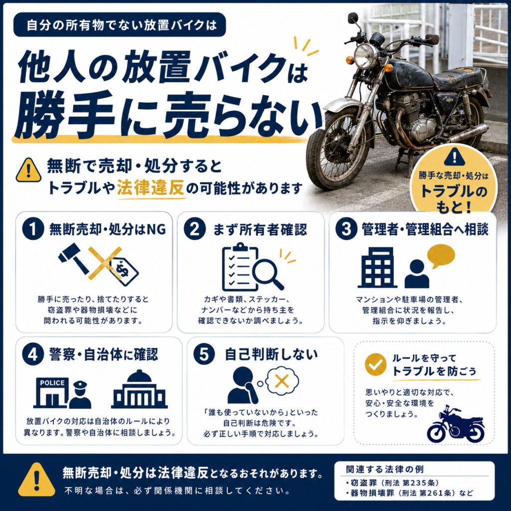 自分の所有物でない放置バイクは勝手に売らない