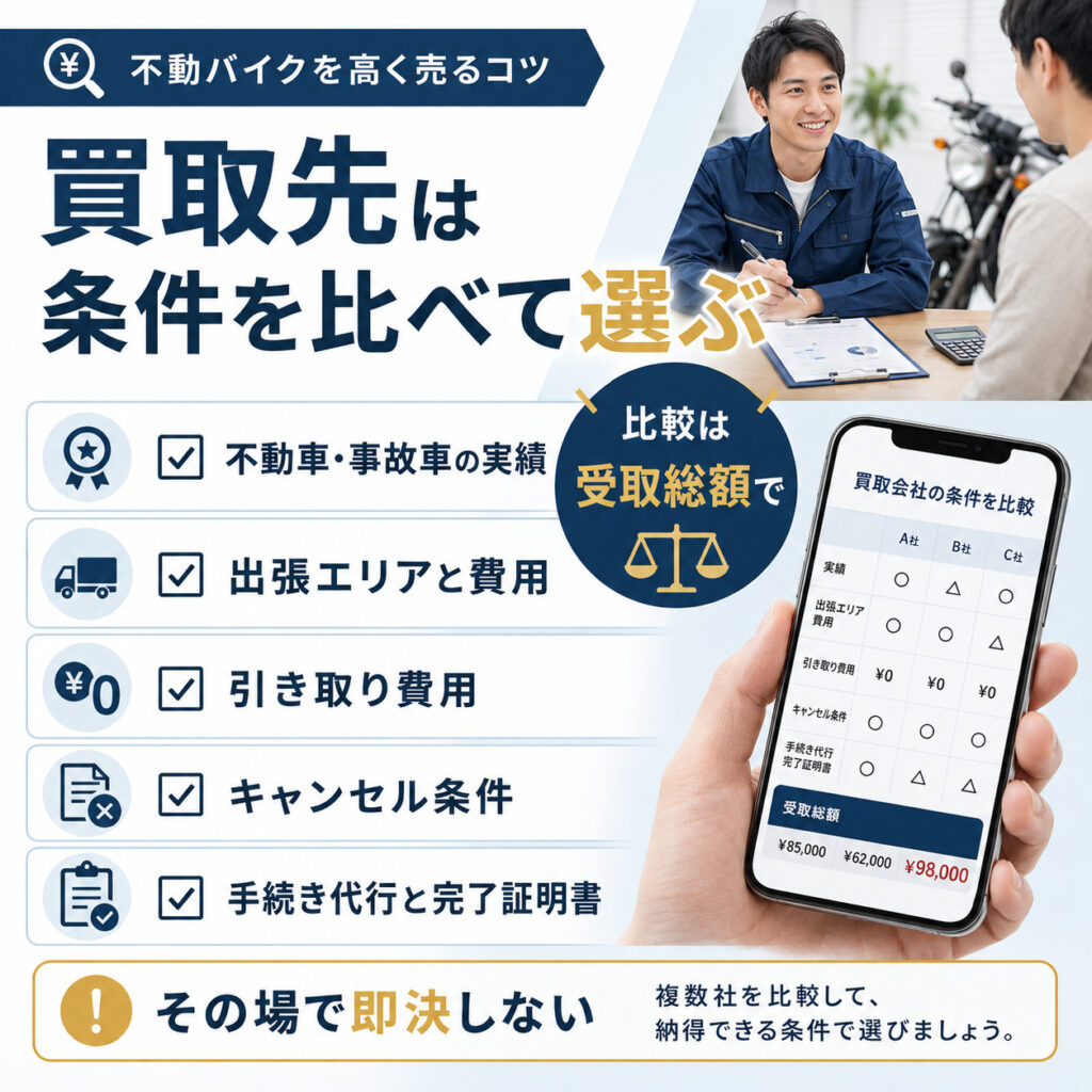 不動バイクの買取先は条件を比べて選ぶ