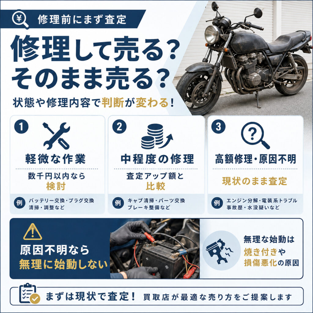 不動バイクは修理してから売るべきか