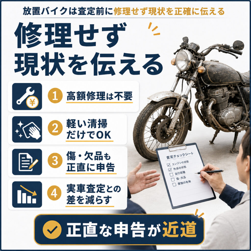 放置バイクは査定前に修理せず現状を正確に伝える