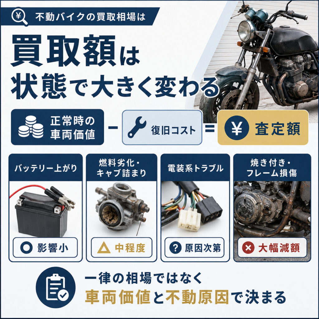 不動バイクの買取相場は状態によって大きく変わる