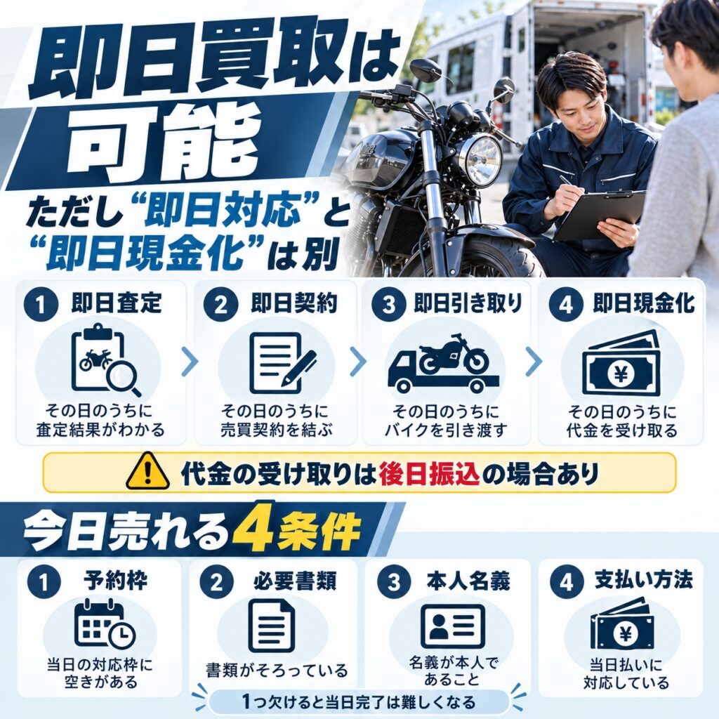 バイクの即日買取は条件がそろえば当日中に進められる