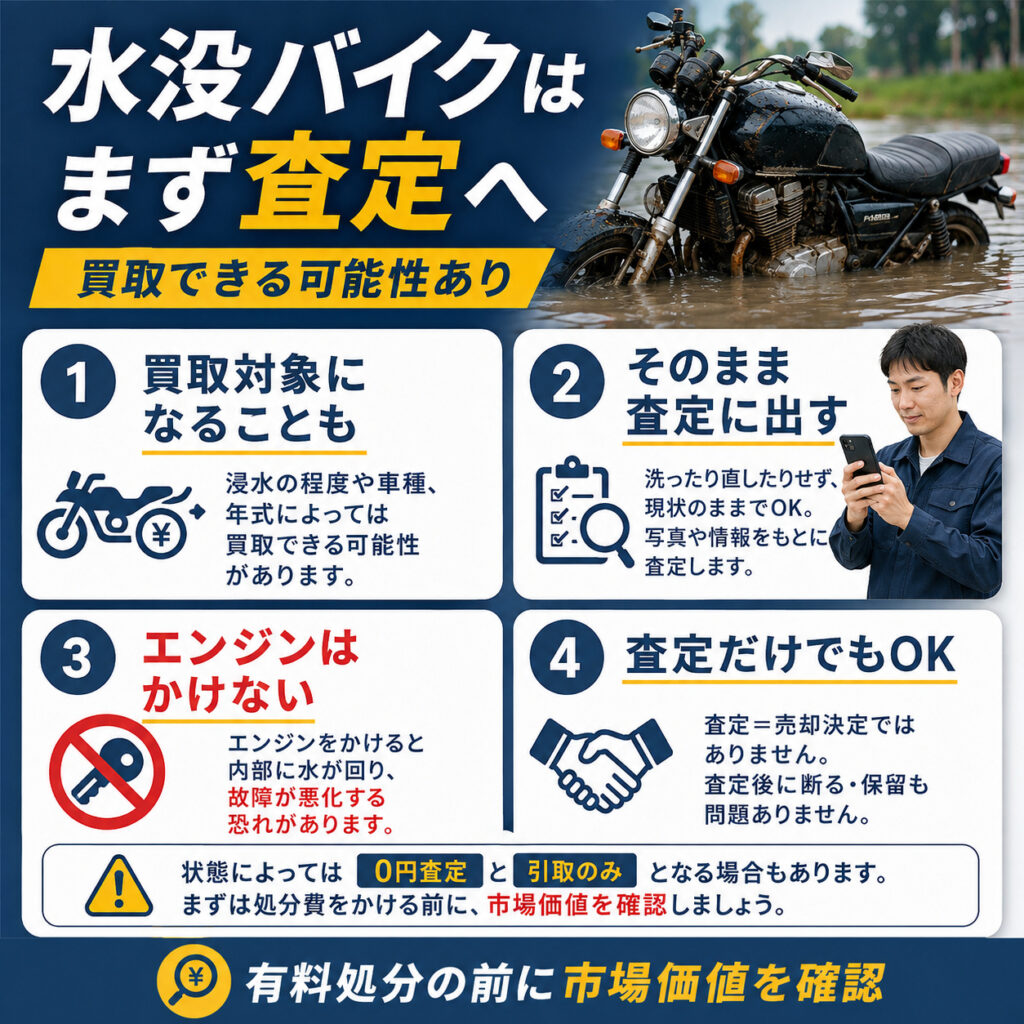 水没バイクも買取対象になり得る!まずは始動せず査定へ