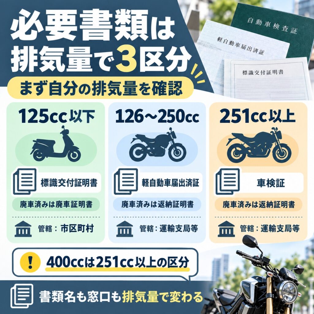 バイク下取りの必要書類は排気量で3区分に分かれる