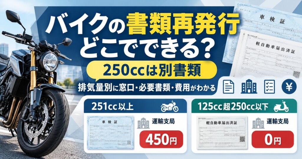バイクの車検証再発行はどこで？【250ccは別書類になる必要書類と費用】