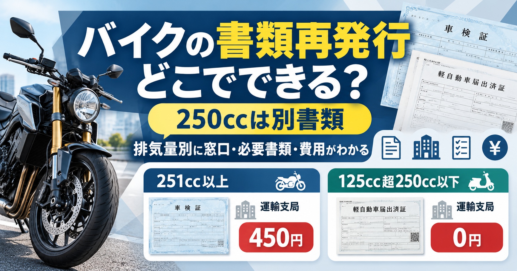 バイクの車検証再発行はどこで？【250ccは別書類になる必要書類と費用】