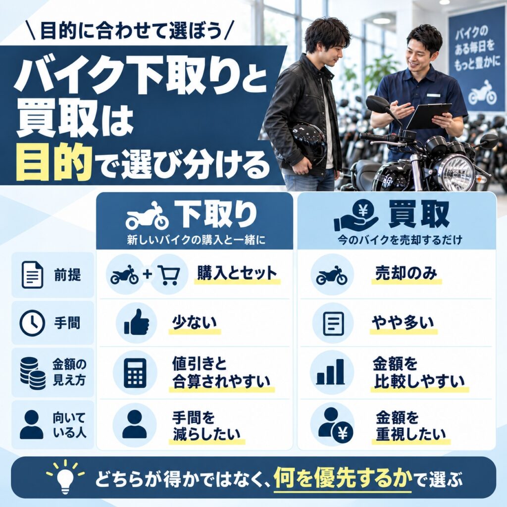 バイク下取りと買取は目的で選び分ける