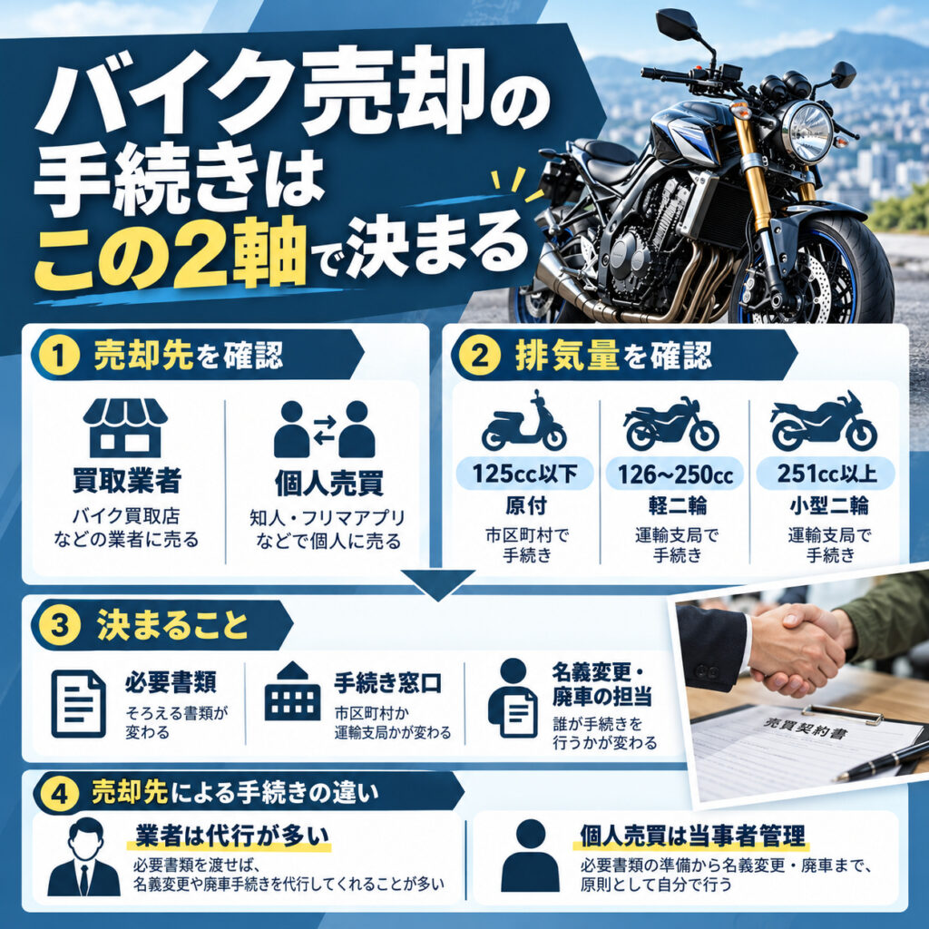 バイク売却の手続きは売却先と排気量で決まる