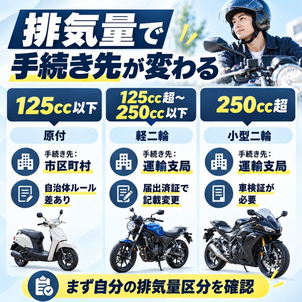 バイク名義変更のやり方は排気量で3つに分かれる
