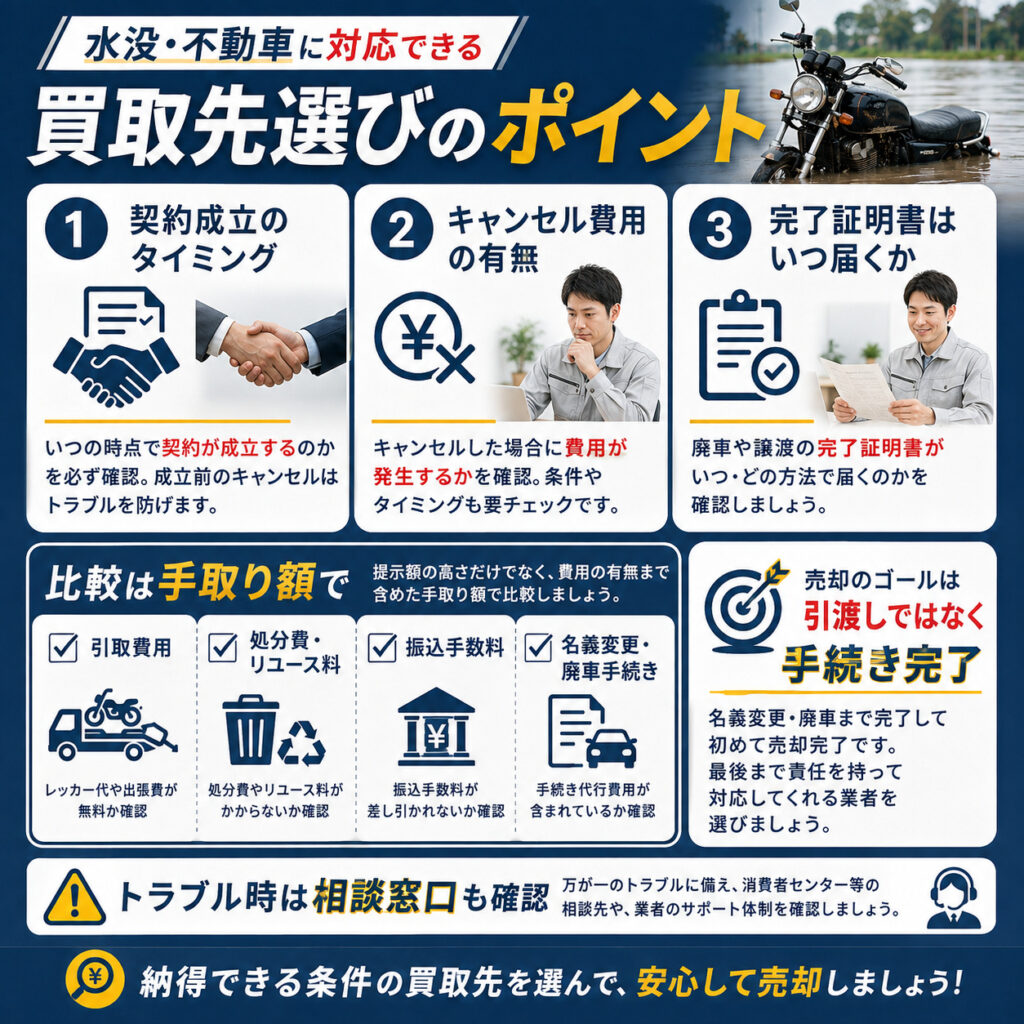 水没・不動車に対応できる買取先を選ぶポイント