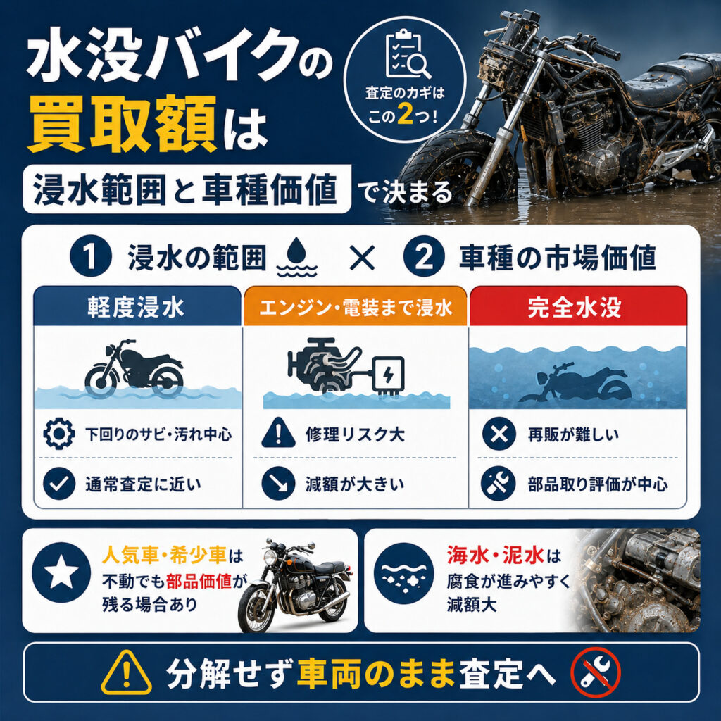 水没バイクの買取額は浸水範囲と車種価値で決まる