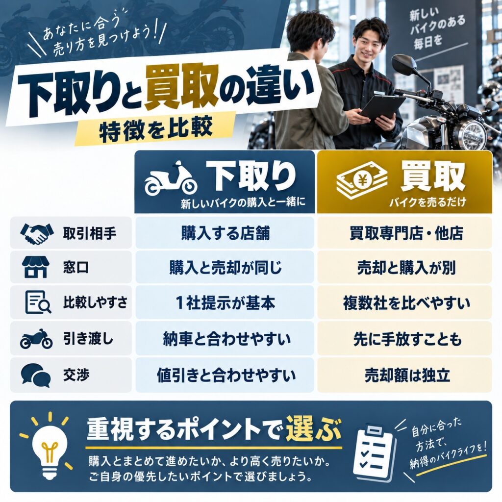 バイク下取りと買取の違いを比較