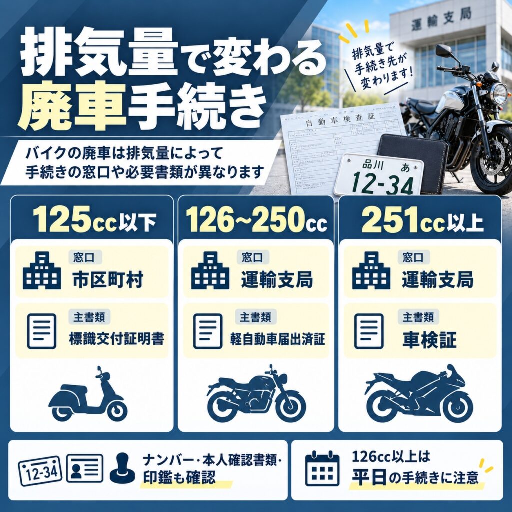 排気量で異なるバイクの廃車手続きを確認する