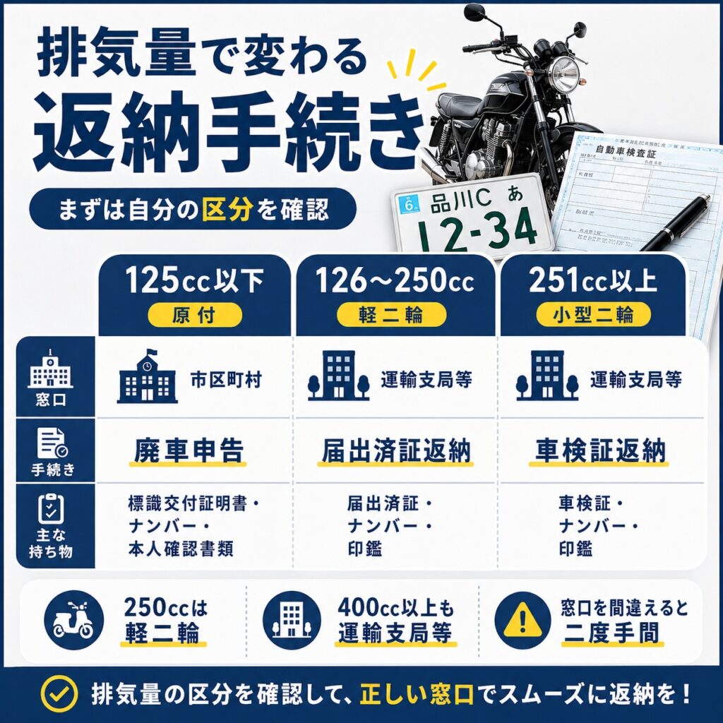 バイクのナンバー返納は排気量で窓口と手続きが変わる