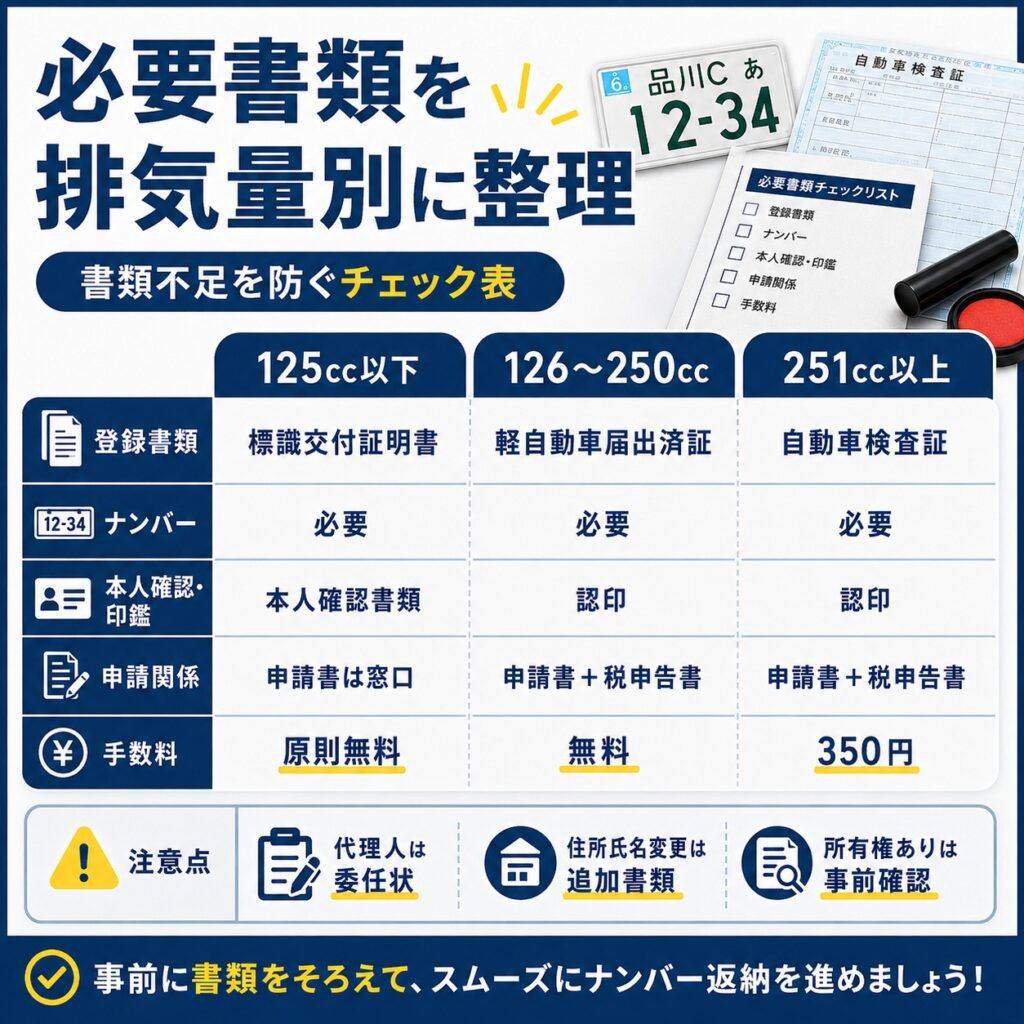 ナンバー返納に必要な書類を排気量別に整理