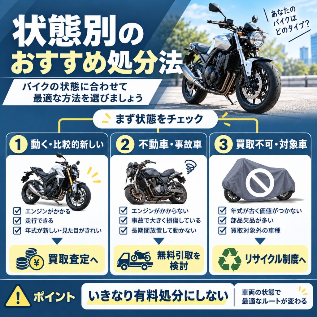 バイクの状態別に無料処分の方法を選ぶ