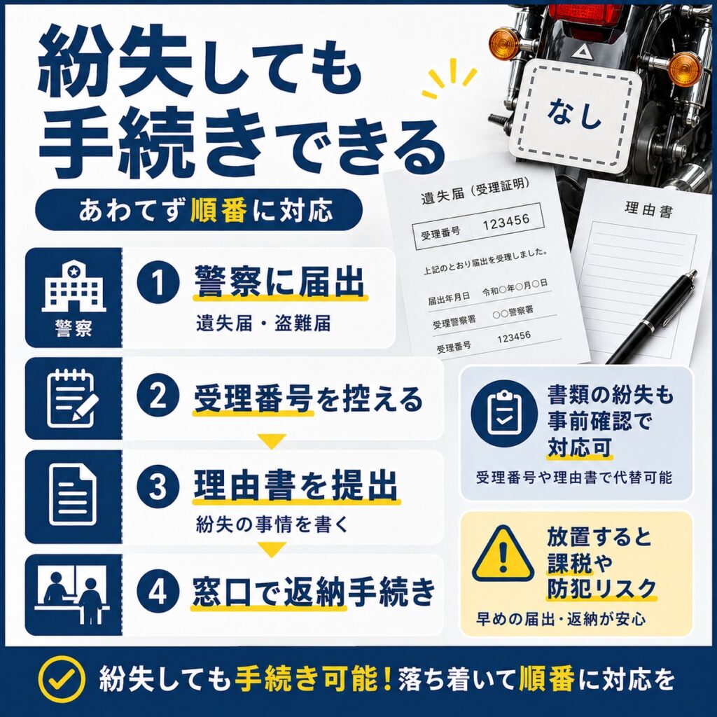 ナンバーや書類を紛失した場合も手続きは可能