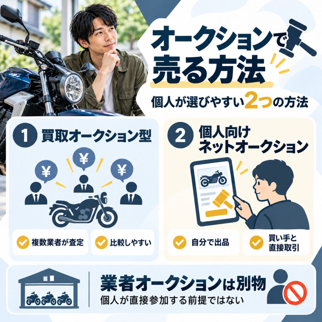 バイクをオークションで売る方法は大きく2つ