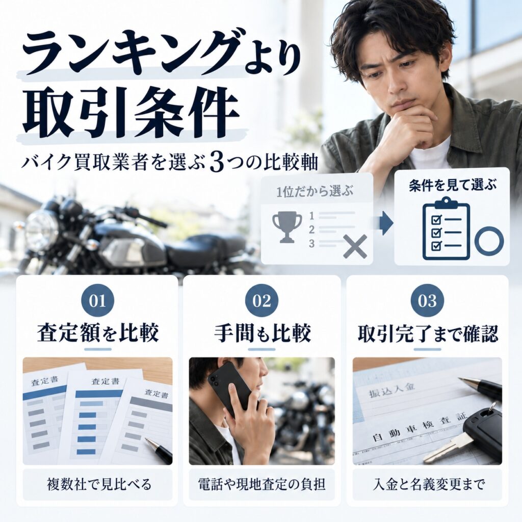 バイク買取業者はランキングより取引条件で選ぶ
