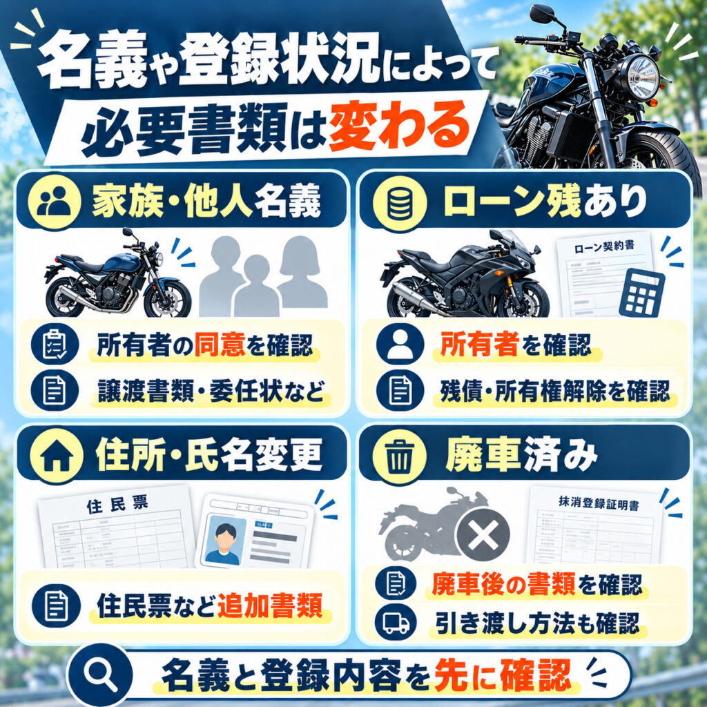 名義や登録状況によって必要書類は変わる
