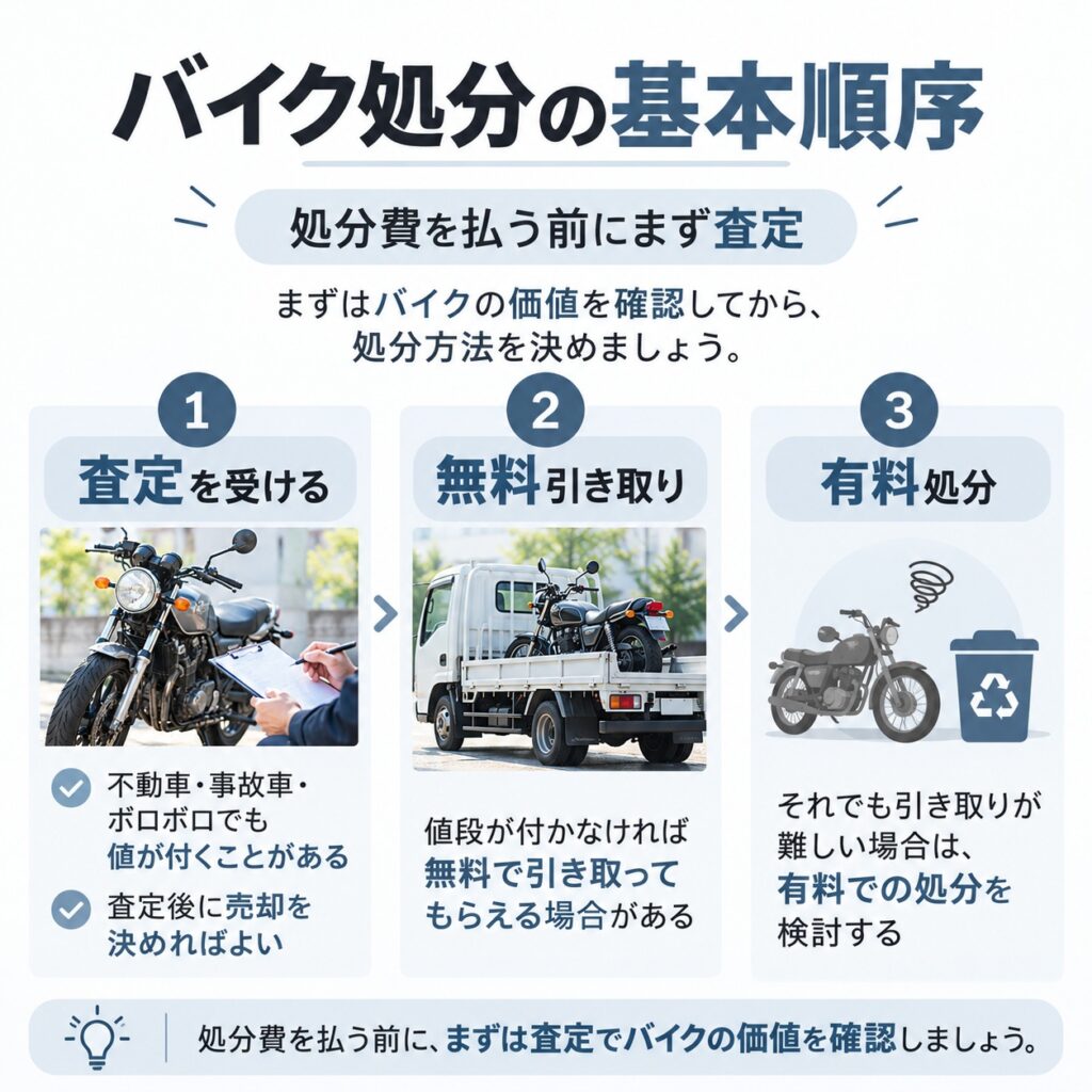 バイク処分は「買取査定→無料引き取り→有料処分」の順で考える