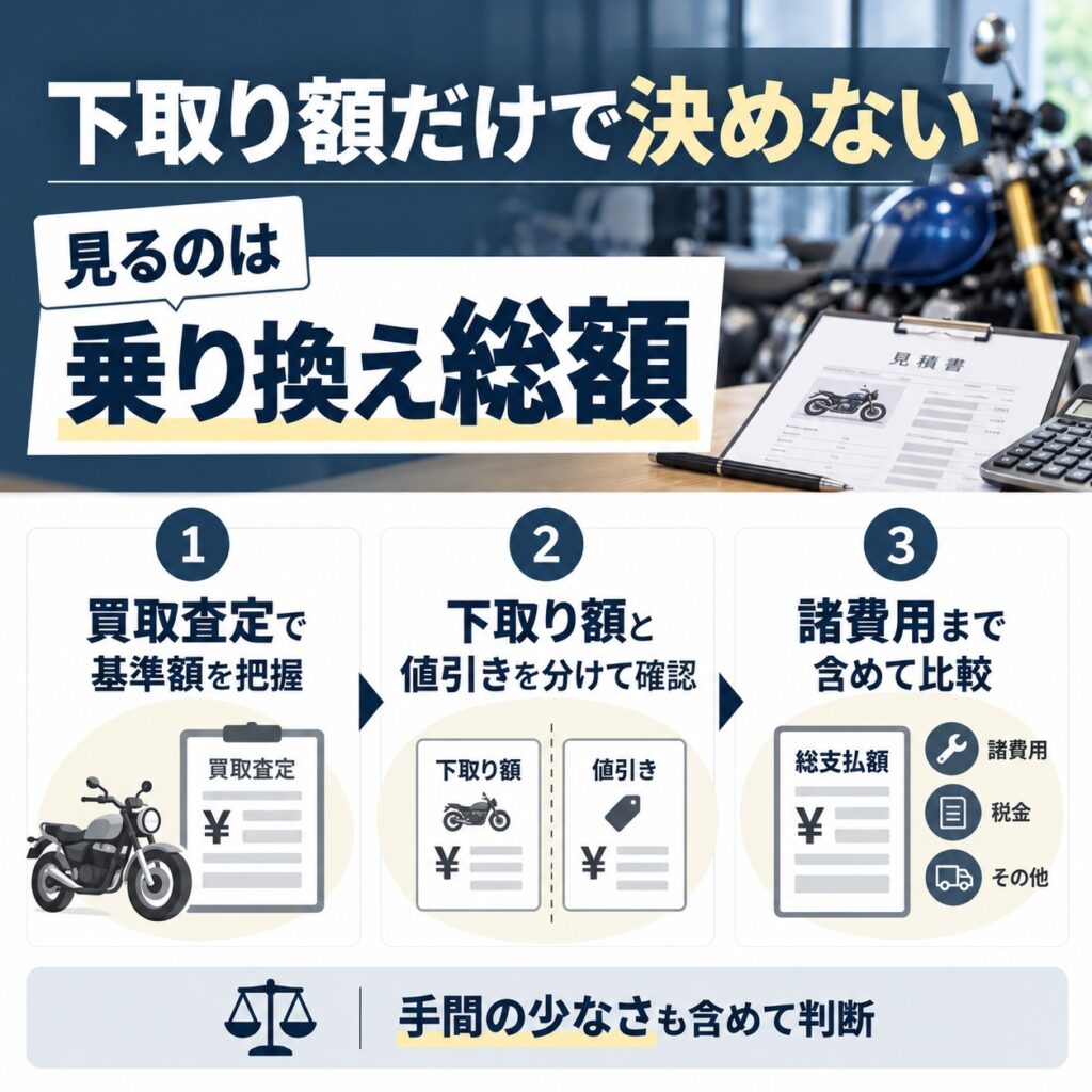 バイク下取りは下取り額だけでなく総支払額で判断する