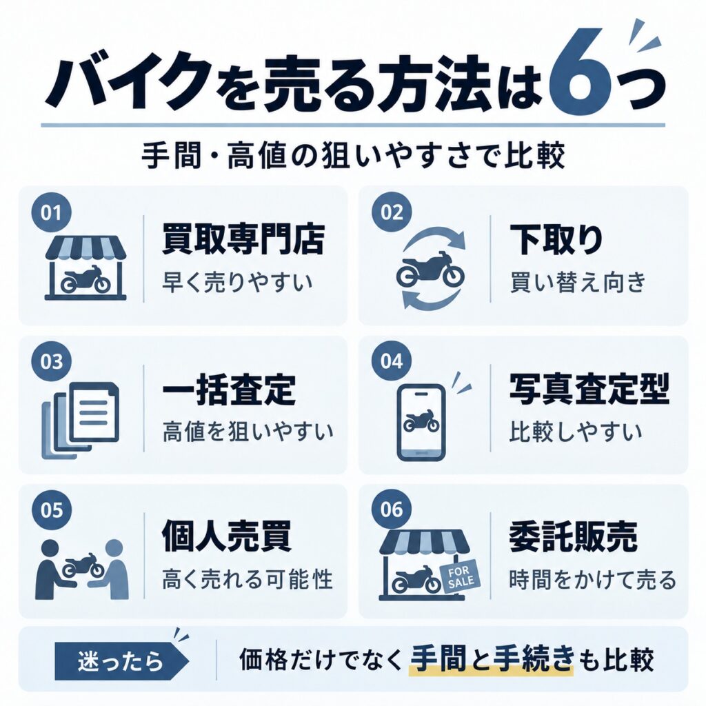 バイクを売る方法は6つ!手間とリスクで選ぶ