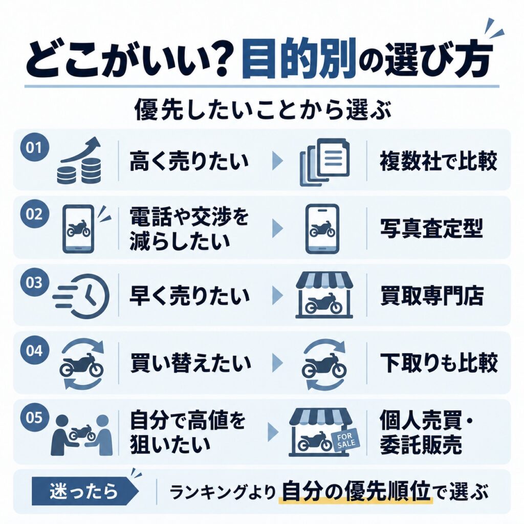 バイクを売るならどこがいい?目的別の選び方